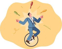 Business man with multitasking skills rides unicycle and juggles pins at same time vector