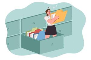 Woman manager is looking for documents in large archive, standing in giant filing cabinet vector