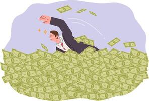 Wealthy man is swimming in money earned from investing in business projects or participating in ipo vector