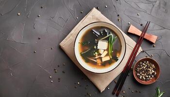 Miso Soup with Tofu and Scallions on Dark Background photo