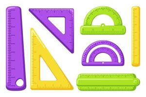 Cute school rulers set. Protractor, triangular and straight ruler for geometry and math lessons. vector
