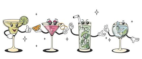 A set of retro cocktails with groove-style characters with different poses and emotions. Gin tonic, cosmopolitan, margarita, mojito. Vintage design of quirky characters with a modern twist vector