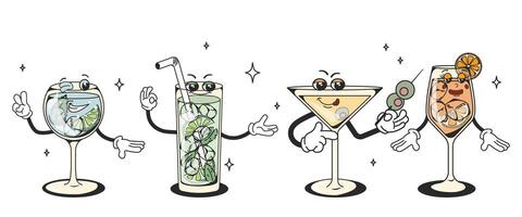 A set of retro cocktails with groove-style characters with different poses and emotions. Gin tonic, aperol spritz, martini, mojito. Vintage design of quirky characters with a modern twist vector