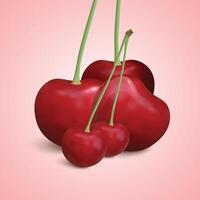 Realistic cherry set with green leaves on transparent background. vector