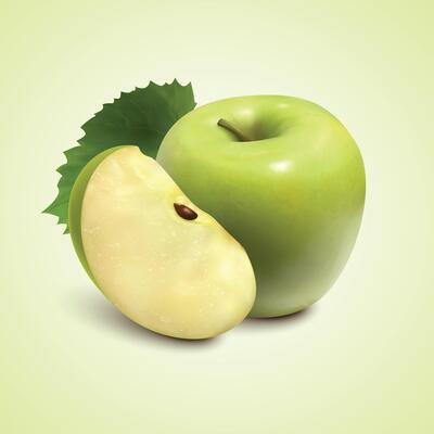 isolated colored green apple half, slice and whole juicy fruit on white background.