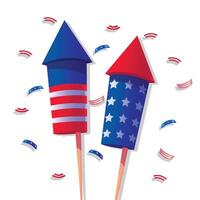 4th of July firework cracker rockets collection with USA flag pattern for American independence day vector
