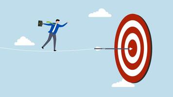 Challenge to overcome difficulty and achieve business target, 4k animation of businessman acrobat walk on rope to reach bullseye dart target. video