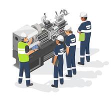 Engineer and Technician work training on Heavy Duty Metal Lathe Machine metalworker industrial experienced operator Maintenance concept isometric industrial machinery labor working white background vector