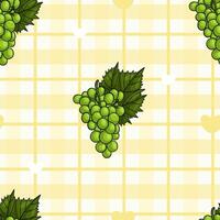 Seamless pattern with fruits green grapes on yellow white checkered background vector