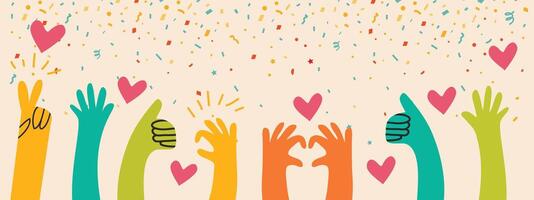 hand drawn hands gesture with heart and fireworks on white background. International Friendship day illustration banner vector