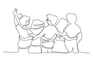 Single continuous line drawing about group of men and woman from multi ethnic standing and hugging together to show their unity bonding. Friendship vector