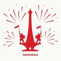 Silhouette of Two Men Holding Indonesian Flag Standing on National Monument with Fireworks - Independence Day Background vector