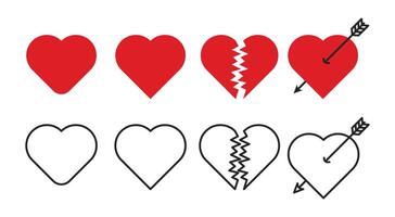 Icons Set of Various Heart, Broken Heart, and Arrows - Black Outline and Red Flat Collections. vector