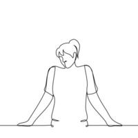 woman stands with her hands on the table she looks thoughtfully - one line drawing . concept ponder, stand in indecision, doubt, brainstorm vector