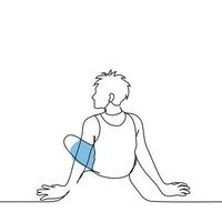 man in a Wrestling top and shorts sits on the ground with his back to the camera with his hands out for support - one line art . concept of summer vacation, young man in summer vector
