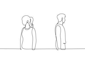 woman and man standing separately with their backs to each other - one line art . concept strangers, couple in a quarrel vector