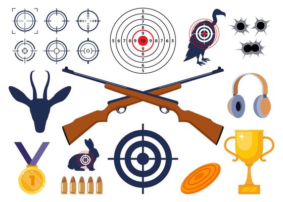 Shooting and hunting equipment elements. Shooting Skeet. Shooting club and range weapons and accessories. Shooter, rifle, bullet, headphones, gold cup, medal. Human, animal shoot target. .
