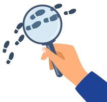 Tracking footsteps with a magnifying glass. Detective following footprint symbol. Tracing, Finding, or searching for clues. Investigation concept. illustration. vector