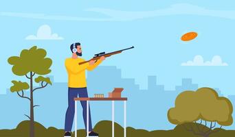 Man with shotgun practicing clay pigeon shooting. illustration for web and mobile design. vector
