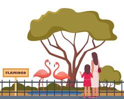 Flamingo on territory of wildlife zoo park surrounded by fence. Parent and kid watching animals in zoo park. illustration. vector