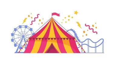 Amusement park composition with outdoor scenery and view of circus, rollercoaster and ferris wheel. Carnival party. illustration. vector