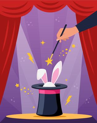 Magic hat with bunny ears. Magician hat with rabbit. Circus show, abracadabra wand in magicians hand. Magic rabbit in hat, bunny trick. illustration.