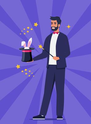 Illusionist, magician demonstrating trick and taking rabbit out of top hat. Concept of stage magic performance, magical illusion. illustration for banner, poster.