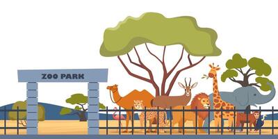 Zoo entrance gate and exotic African animals. Elephant, giraffe, camel, cheetah, lion, flamingo, vulture, monkey on territory of wildlife zoo park surrounded by fence. illustration. vector