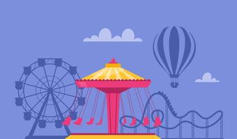 Amusement park composition with outdoor scenery and view of carousel, rollercoaster and ferris wheel. illustration. vector