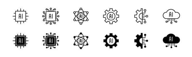 AI icon set. Line and glyph AI technology. Artificial intelligence chip and processor vector