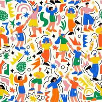 Seamless pattern for Festivals. Bright, modern design with dancing people in doodle style. Perfect for wraps, wallpapers, backgrounds, music, summer, food and October festivals. vector