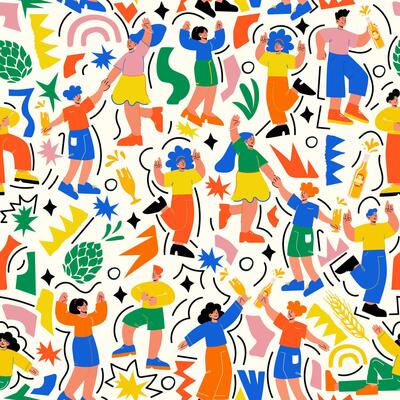 Seamless pattern for Festivals. Bright, modern design with dancing people in doodle style. Perfect for wraps, wallpapers, backgrounds, music, summer, food and October festivals.