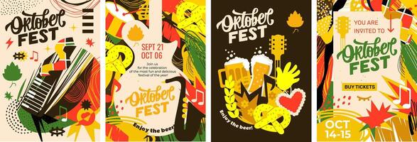 4 abstract posters for Oktoberfest. Fall colors, beer mugs, pretzels, musical instruments and lots of beer. A4 templates perfect for promoting this event. vector