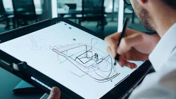 A engineer male animatedly drawing new design ideas on digital tablet. video