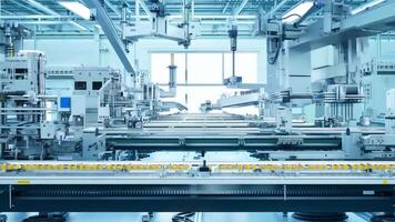 Animated factory floor with automated robots for product assembly Using stock images of precision manufacturing video