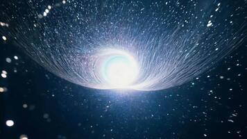 Particles spiral into a vortex that flies past the moving particles. abstract background video
