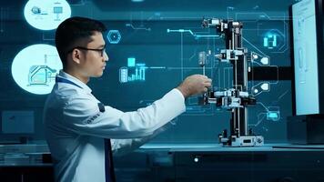 Animated male engineer inspects robot arm in high tech lab. video