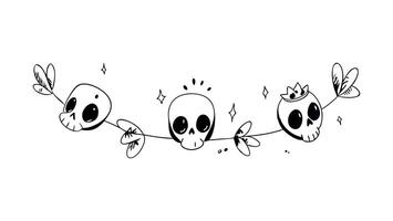 Doodle Skulls on a string with leaves and stars. Great for Halloween banners and festive patterns. vector