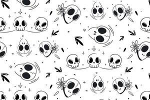 Halloween pattern with cute skulls and floral elements. Perfect for festive wrapping paper and background designs. vector