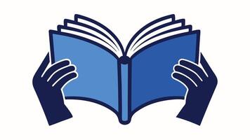 An icon depicting a book held by hands, with a minimalist style and blue color scheme. Ideal for app icons, web design, and educational content. vector
