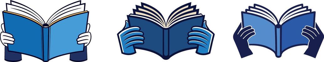 Three variations of an icon showing an open book held by hands, using a simple, minimalist design and blue color palette. Ideal for app icons, website graphics, and educational illustrations. vector