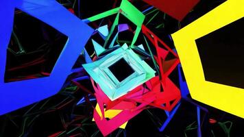 Colorful geometric shapes float and intersect, creating dynamic, mesmerizing patterns against a black background. video