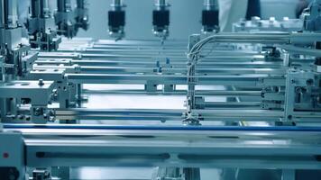 Robotic arm assembles parts in an automated factory video