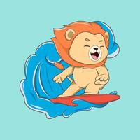 cartoon lion is riding a surfboard in the ocean vector