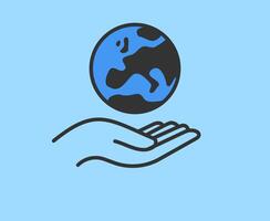 Hand holding planet earth linear icon, save the planet vector