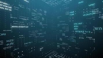 The camera moves in parts of the source code and information particles in 3d space video
