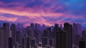 Panorama of abstract city skyline with pink sky reflection on modern skyscrapers video