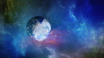 Movement through space nebula towards planet earth video