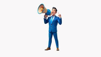 Cheerful Cartoon Businessman with Megaphone. With Alpha Channel, line icon, motion design graphics for web, mobile and design video
