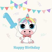Baby first year birthday greeting card with cute unicorn character. Child party invitation concept. vector